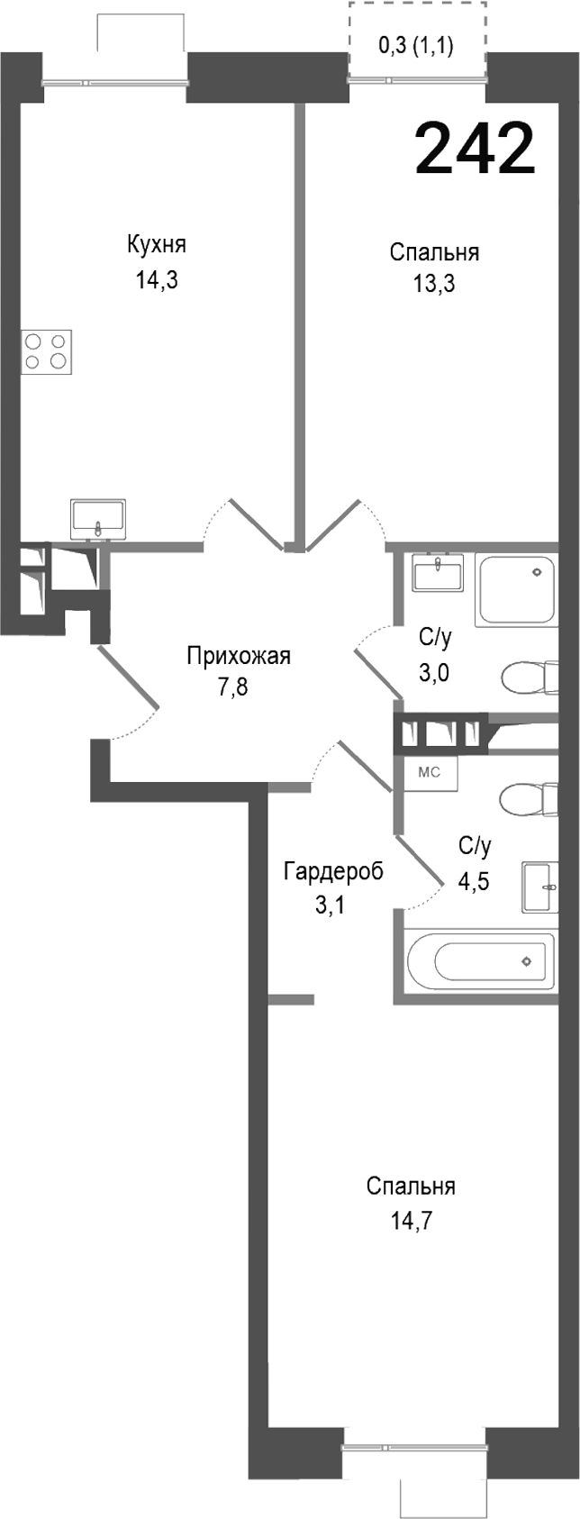 Планировка — Киноквартал, 2-комн., 61 м²