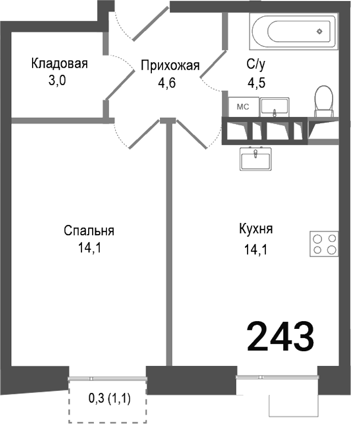 Планировка — Киноквартал, 1-комн., 40 м²