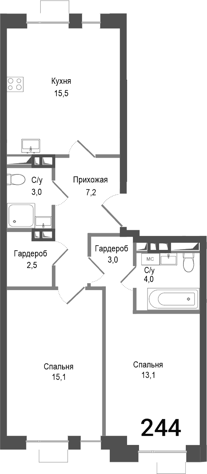 Планировка — Киноквартал, 3-комн., 63 м²