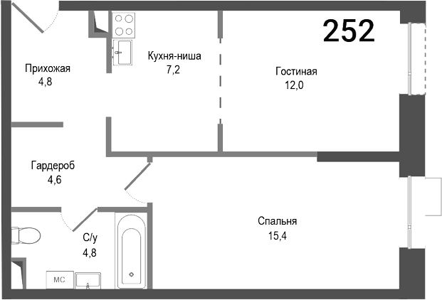 Планировка — Киноквартал, 2-комн., 49 м²
