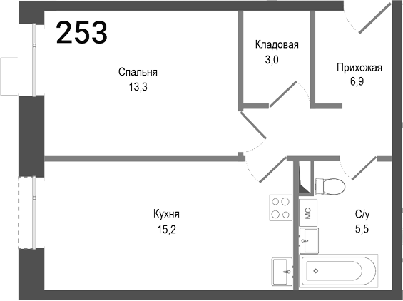 Планировка — Киноквартал, 2-комн., 44 м²