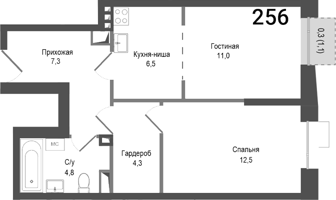 Планировка — Киноквартал, 2-комн., 46 м²