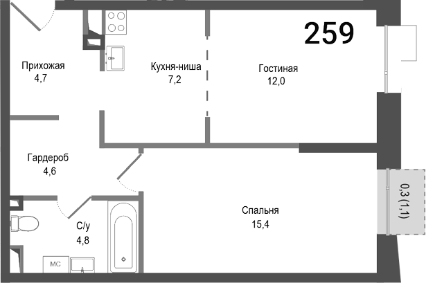 Планировка — Киноквартал, 2-комн., 49 м²
