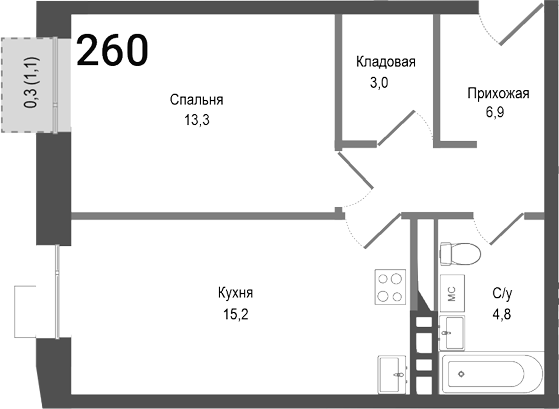 Планировка — Киноквартал, 2-комн., 43 м²
