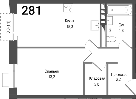 Планировка — Киноквартал, 2-комн., 43 м²