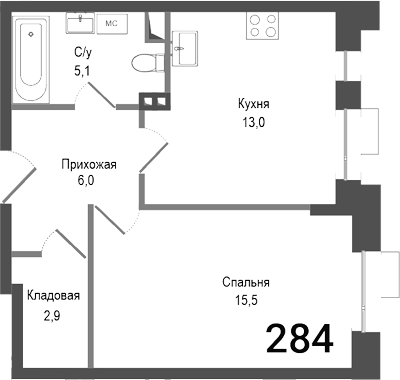 Планировка — Киноквартал, 1-комн., 43 м²