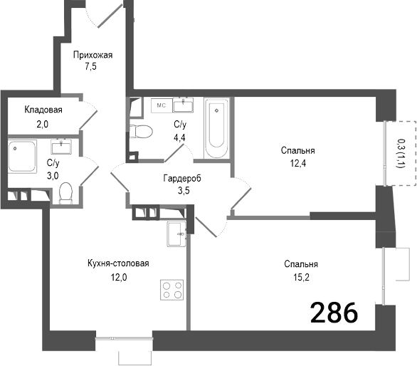 Планировка — Киноквартал, 2-комн., 60 м²