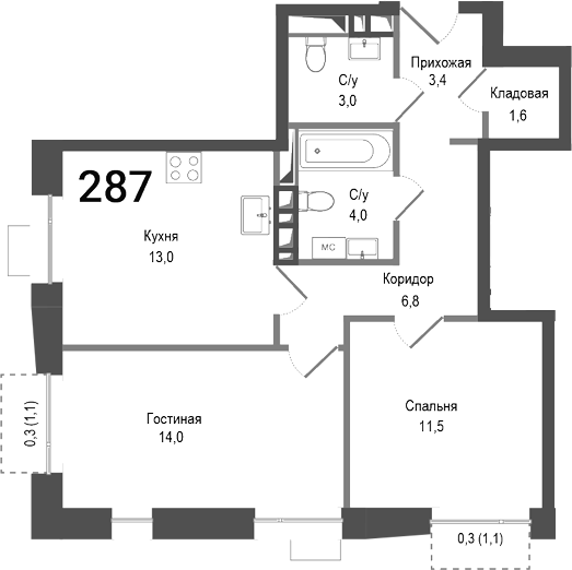 Планировка — Киноквартал, 2-комн., 57 м²