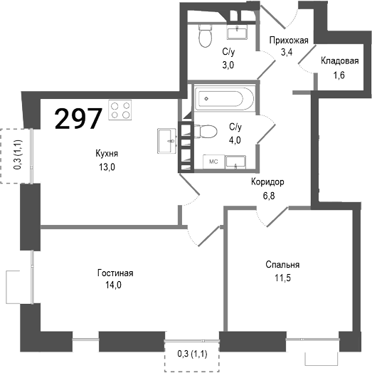 Планировка — Киноквартал, 2-комн., 57 м²