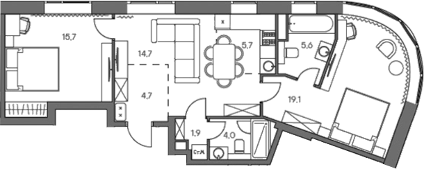 Планировка — Родина Переделкино, 3-комн., 73 м²