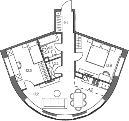 Планировка — Родина Переделкино, 3-комн., 65 м²