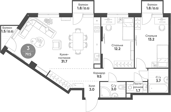 Планировка — Sokolinn Park, 3-комн., 78 м²