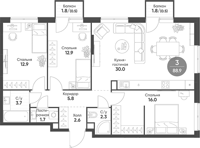 Планировка — Sokolinn Park, 4-комн., 88 м²