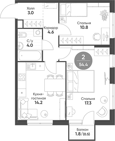 Планировка — Sokolinn Park, 2-комн., 54 м²