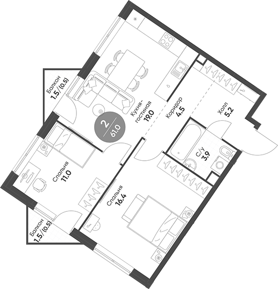 Планировка — Sokolinn Park, 3-комн., 60 м²