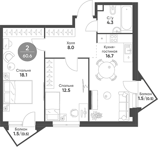 Планировка — Sokolinn Park, 3-комн., 60 м²