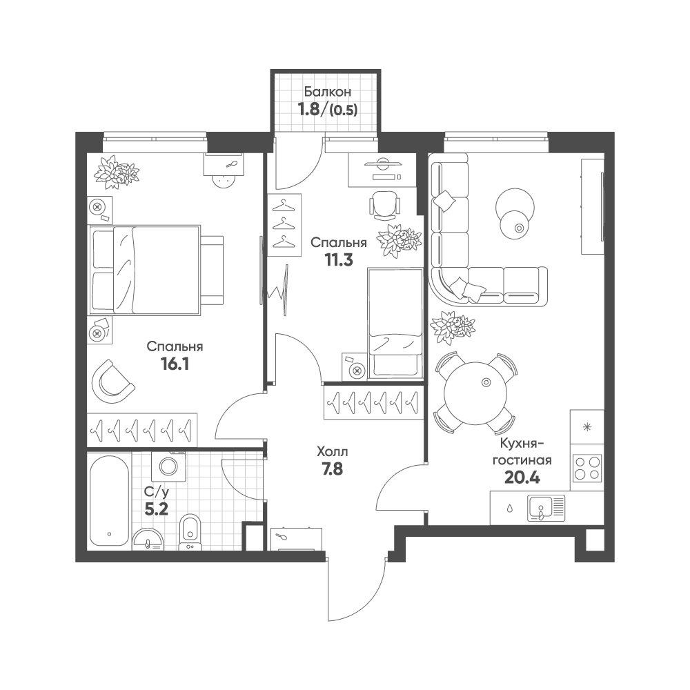 Планировка — Sokolinn Park, 3-комн., 61 м²