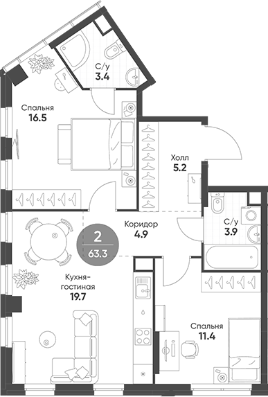 Планировка — Sokolinn Park, 3-комн., 63 м²