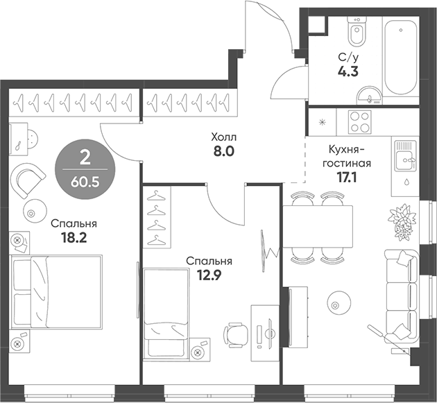 Планировка — Sokolinn Park, 3-комн., 61 м²