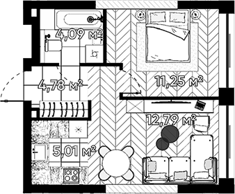 Планировка — Квартал Серебряный бор, 2-комн., 38 м²