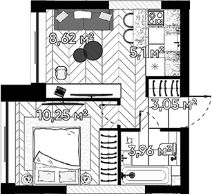 Планировка — Квартал Серебряный бор, 1-комн., 31 м²