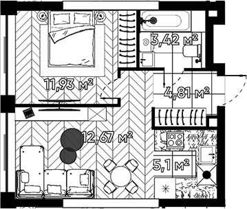 Планировка — Квартал Серебряный бор, 2-комн., 38 м²
