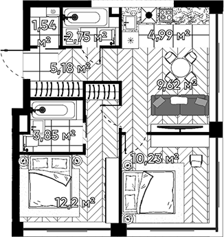 Планировка — Квартал Серебряный бор, 2-комн., 50 м²