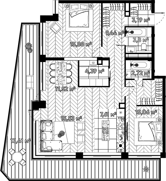 Планировка — Квартал Серебряный бор, 3-комн., 98 м²