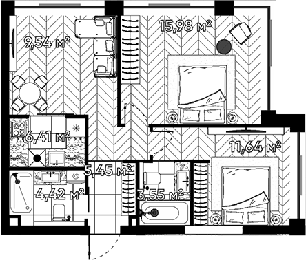 Планировка — Квартал Серебряный бор, 3-комн., 57 м²