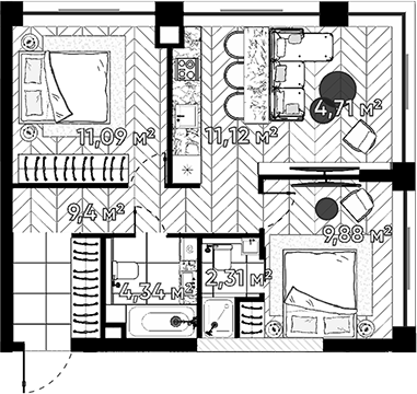 Планировка — Квартал Серебряный бор, 3-комн., 53 м²
