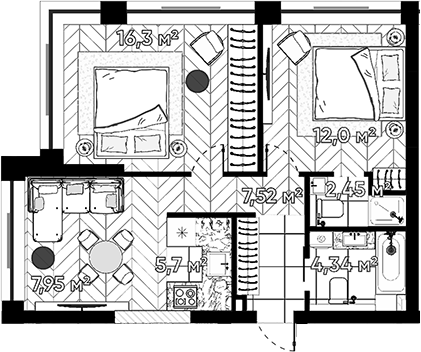 Планировка — Квартал Серебряный бор, 2-комн., 56 м²