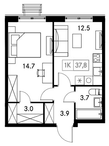 Планировка — Новый Зеленоград, 1-комн., 38 м²