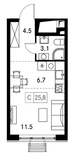 Планировка — Новый Зеленоград, Студия, 26 м²