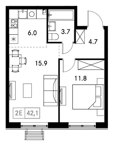 Планировка — Новый Зеленоград, 2-комн., 42 м²