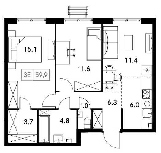 Планировка — Новый Зеленоград, 3-комн., 60 м²