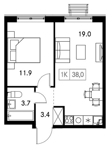 Планировка — Новый Зеленоград, 1-комн., 38 м²