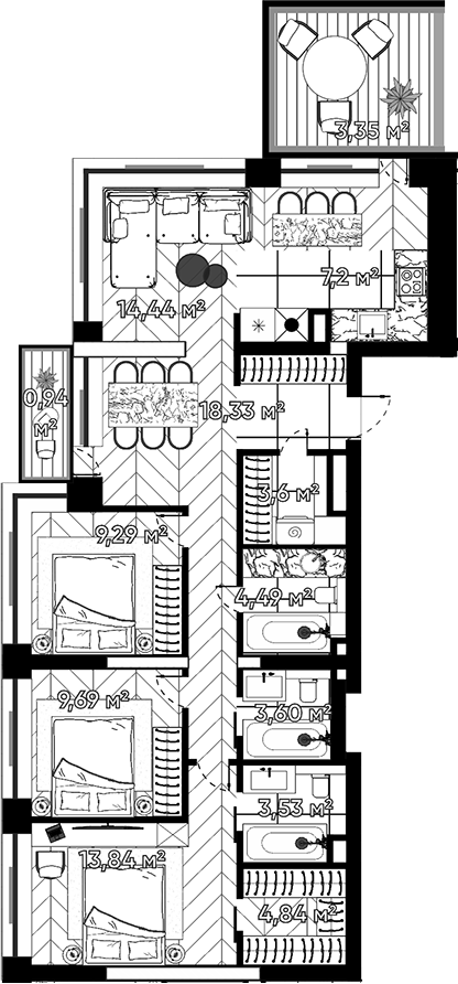 Планировка — Квартал Серебряный бор, 4-комн., 96 м²