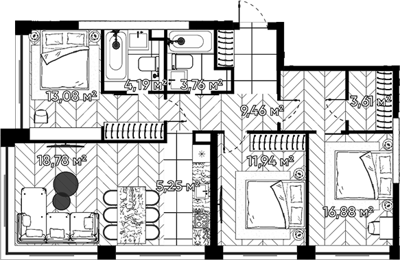 Планировка — Квартал Серебряный бор, 4-комн., 87 м²