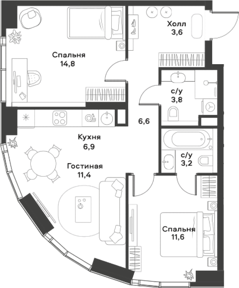 Планировка — ALIA, 3-комн., 62 м²