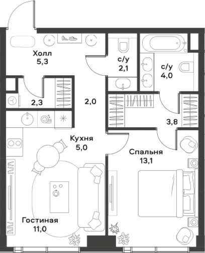 Планировка — ALIA, 2-комн., 49 м²