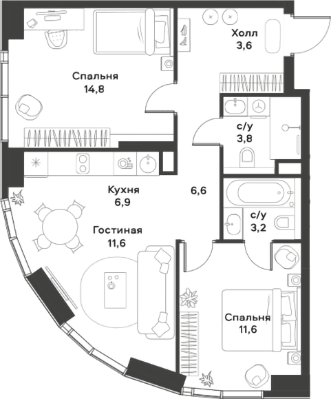Планировка — ALIA, 3-комн., 62 м²