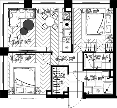 Планировка — Квартал Серебряный бор, 3-комн., 57 м²