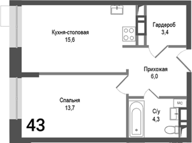 Планировка — Киноквартал, 2-комн., 40 м²