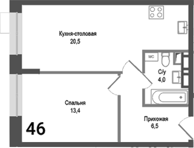 Планировка — Киноквартал, 2-комн., 44 м²