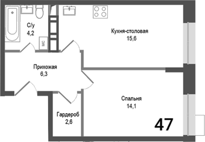 Планировка — Киноквартал, 2-комн., 43 м²