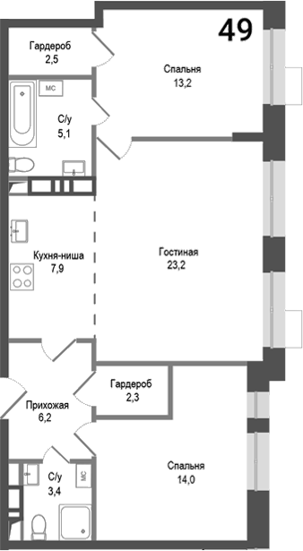Планировка — Киноквартал, 3-комн., 78 м²