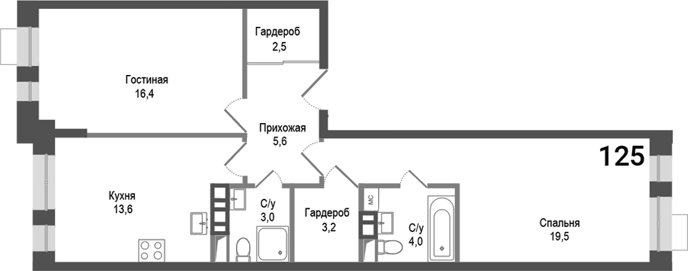Планировка — Киноквартал, 2-комн., 68 м²