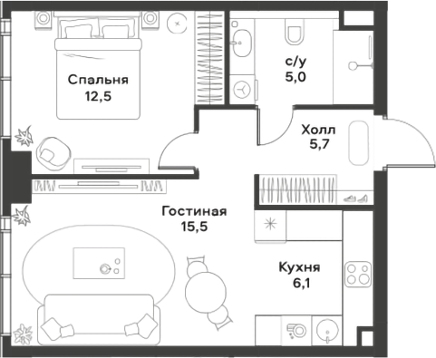 Планировка — ALIA, 2-комн., 45 м²