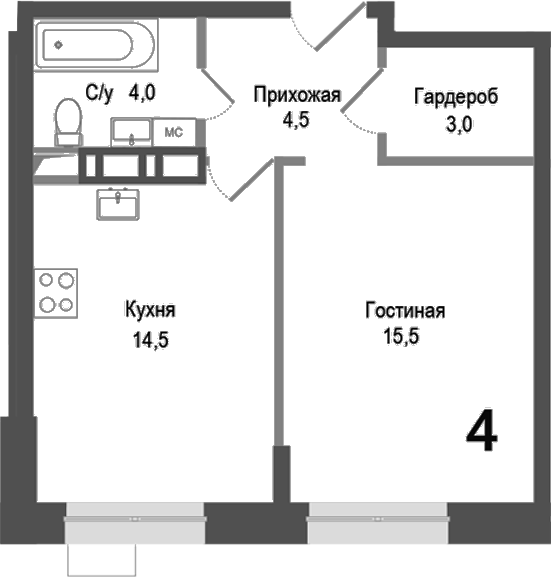 Планировка — Киноквартал, 1-комн., 42 м²