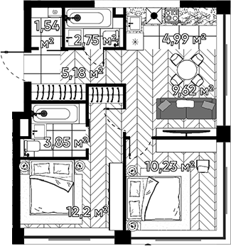 Планировка — Квартал Серебряный бор, 2-комн., 50 м²